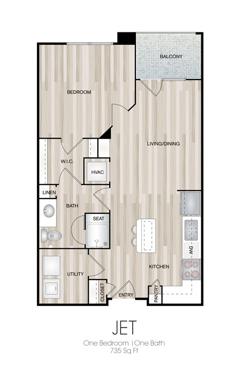 Floor plan for 1 bed, 1 bath, 746 sqft